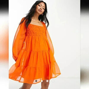 ASOS DESIGN crosshatch square neck mini smock dress with trim detail in hot cora
